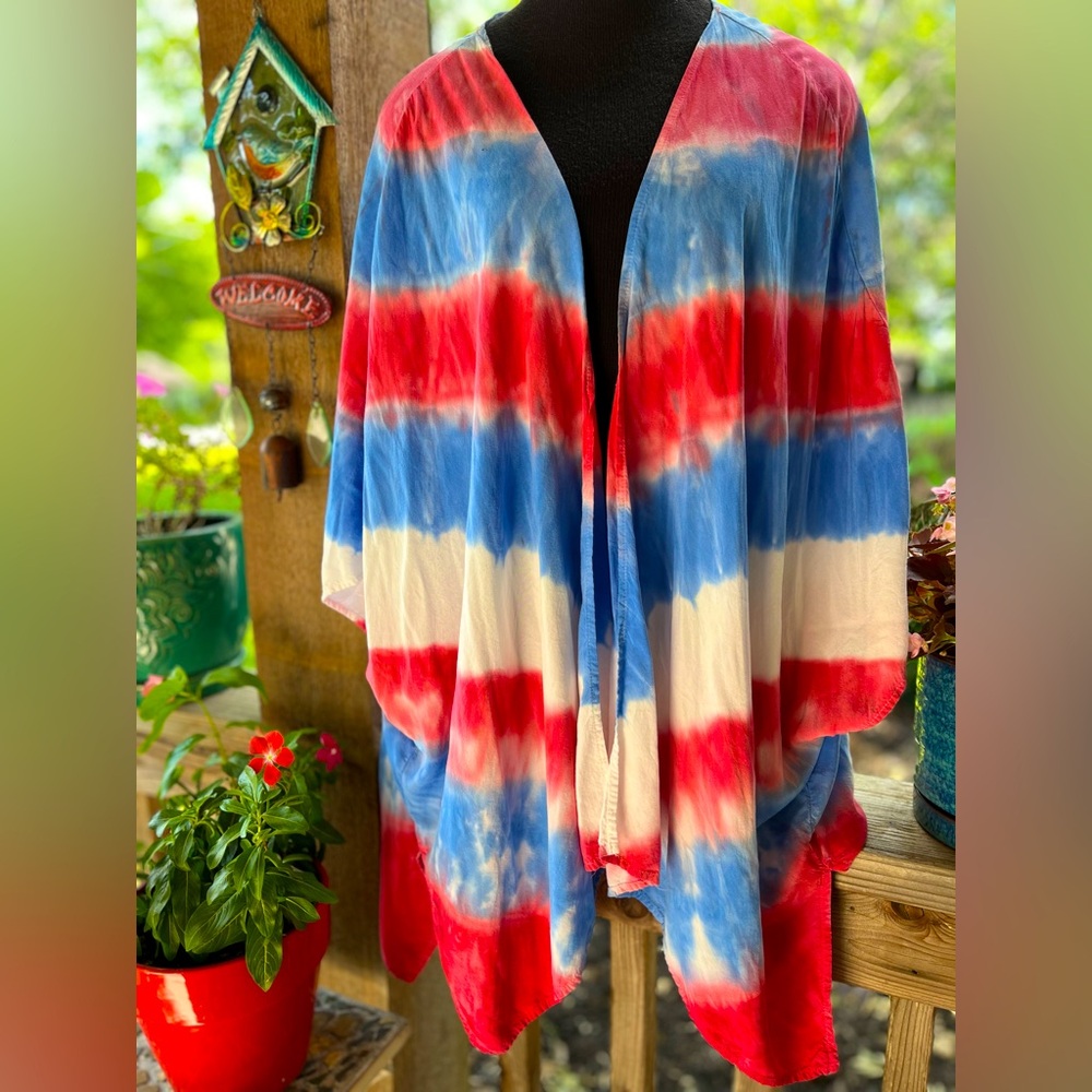 Tie Dye Red White Blue Boho Hippie Loose Flowy Open Front Kimono Duster Cover M
